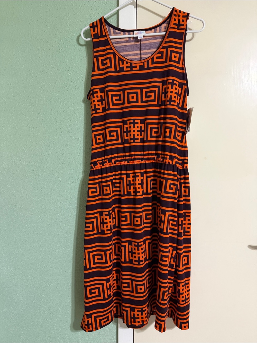 LuLaRoe LLR L Summer Sleveless Orange & Black Geometric Tank Dress NWT Large